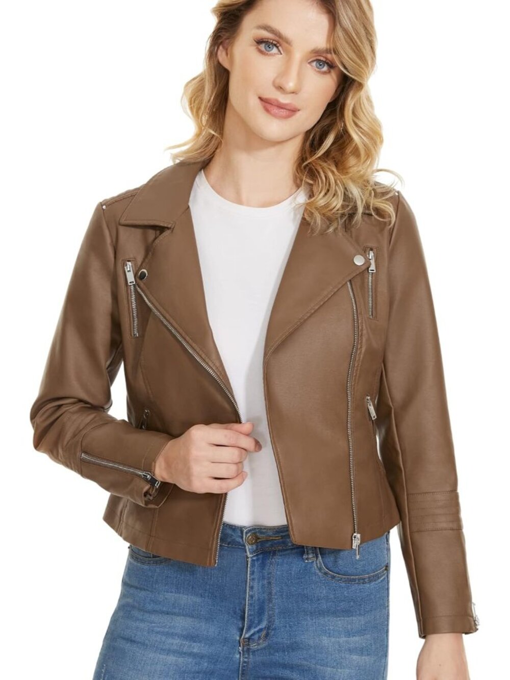 Women's Camel Faux Leather Lightweight Moto Biker Coat Long Sleeves Vegan Jacket